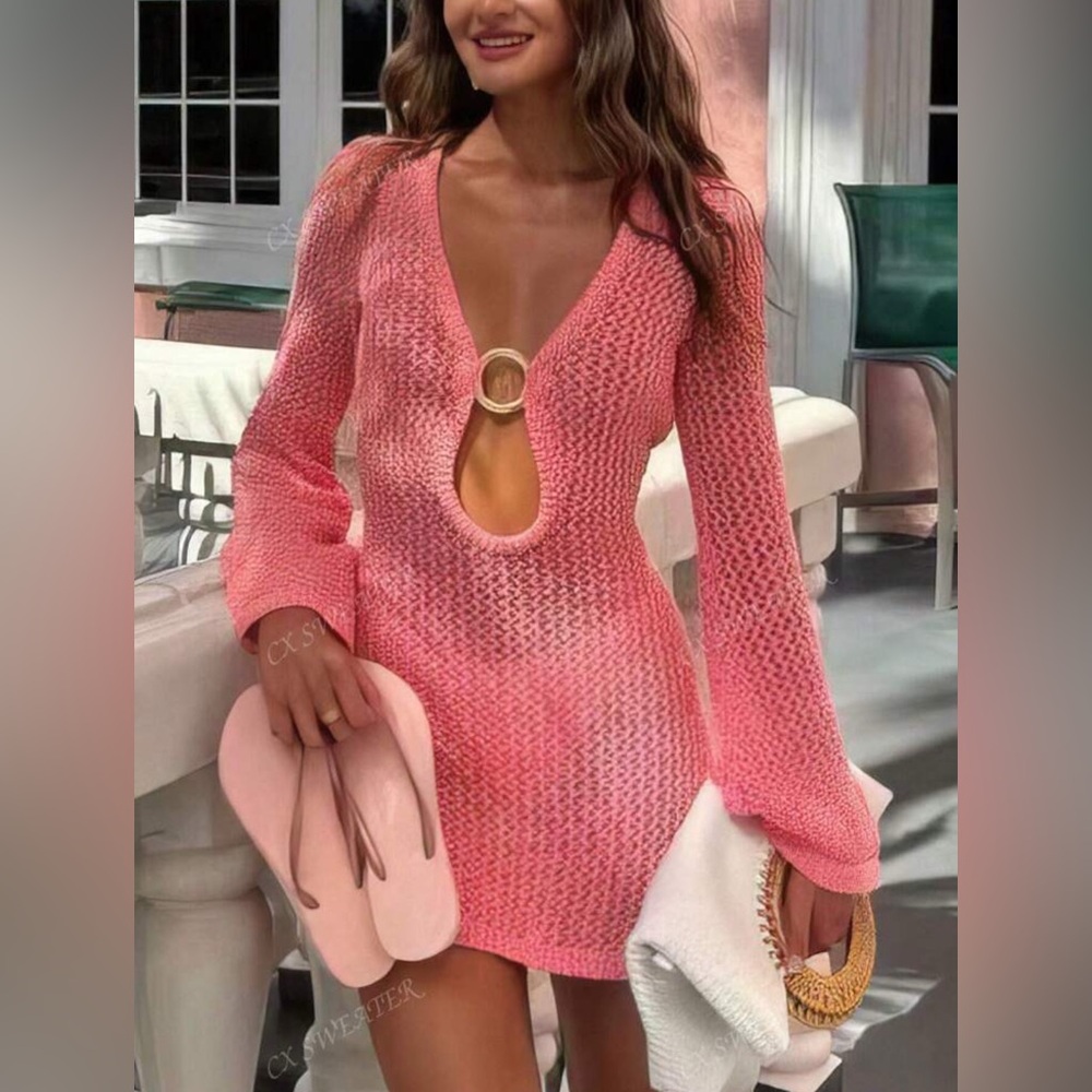 Women's Pink Crochet Swim Coverup Mini Dress